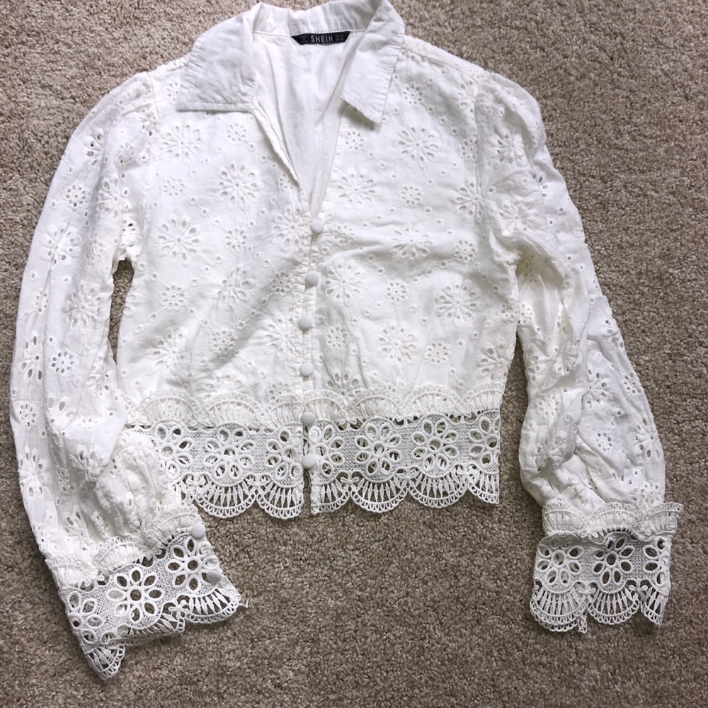 Lace Embroidered White Crop Blouse